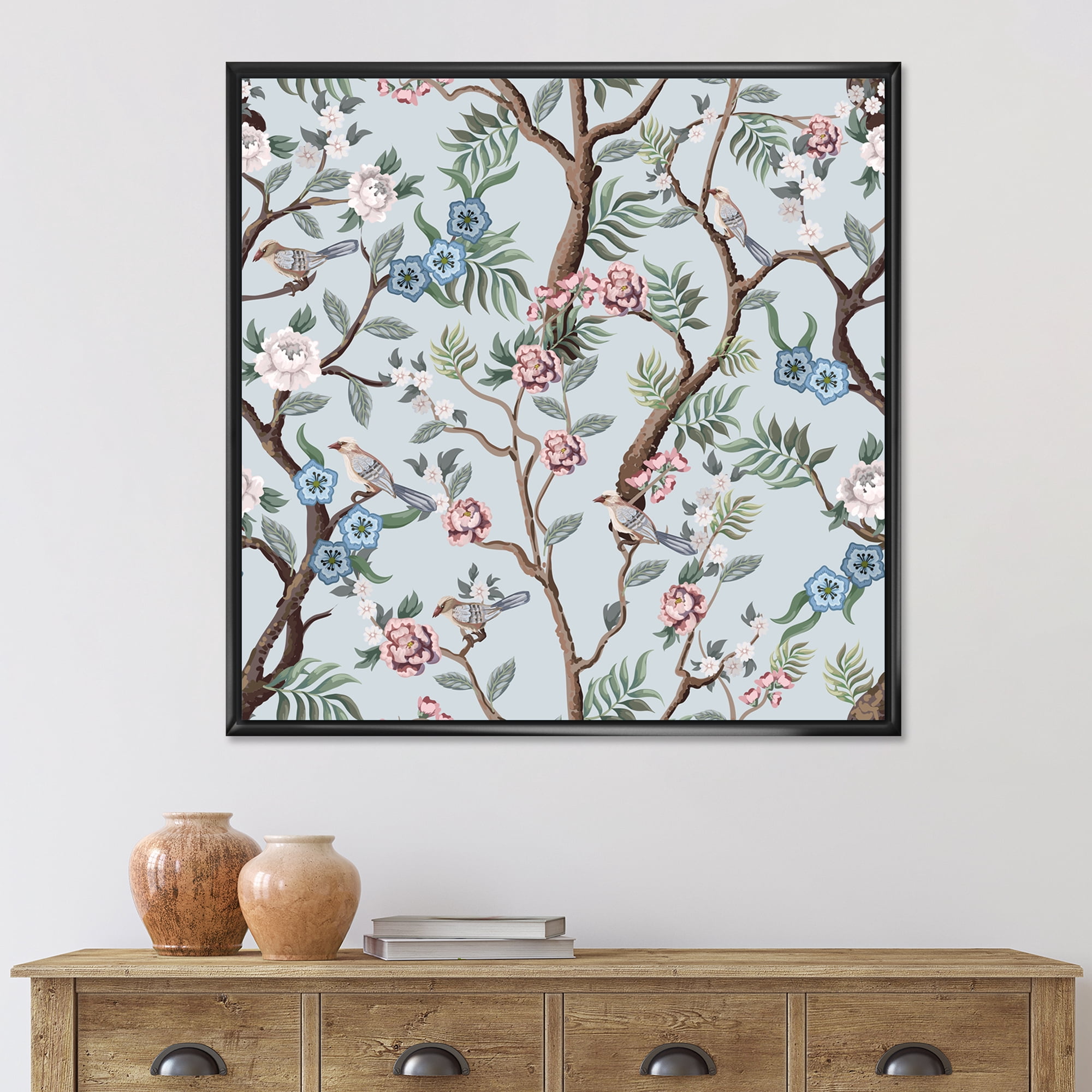 Designart 'Birds and Peonies With Chinoiserie X' Traditional Framed Canvas Wall Art Print