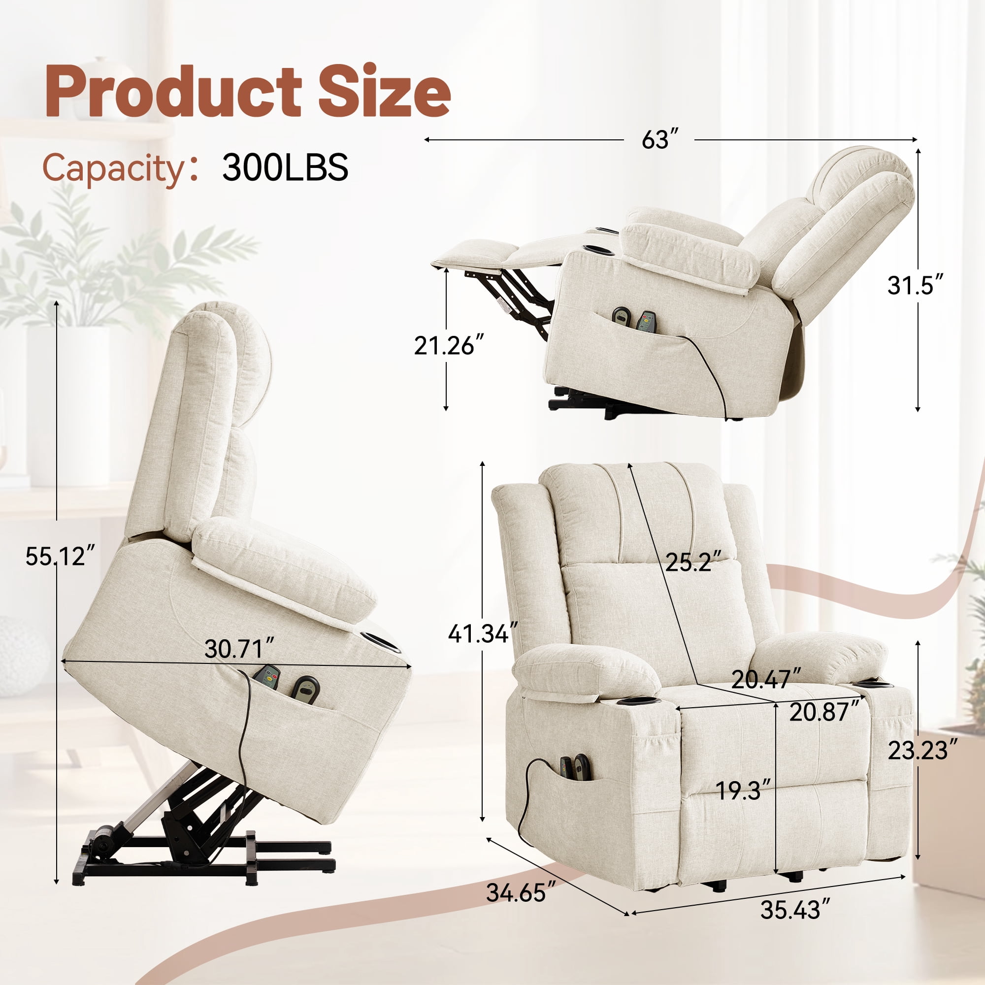 Korser Power Lift Recliner Chair for Elderly with Massage and Heat,Electric Lift Reclining Chair with Side Pockets and Cup Holders,Massage Recliner Chair for Living Room,Chenille,Beige