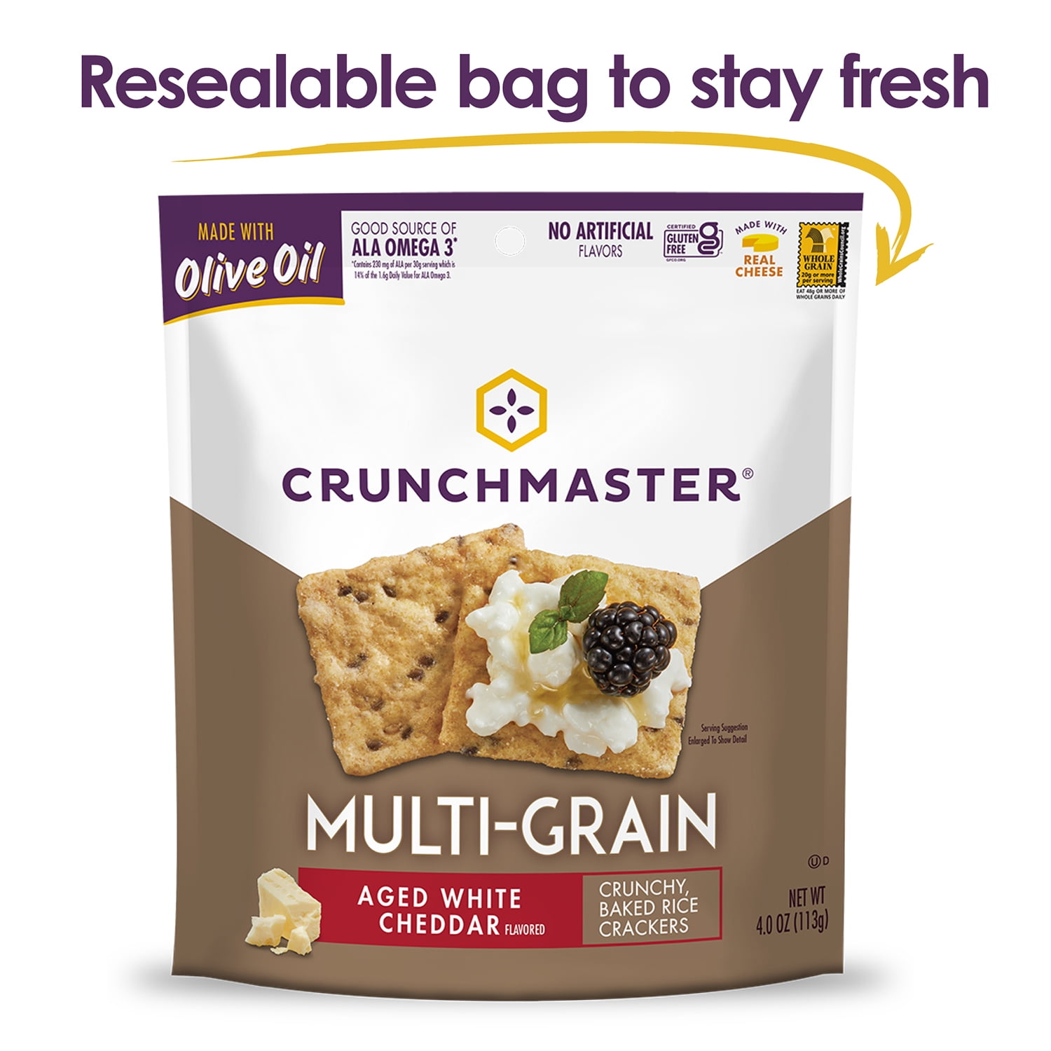 Crunch Master Crackers  White Cheddar  4 oz  Plastic Pouch
