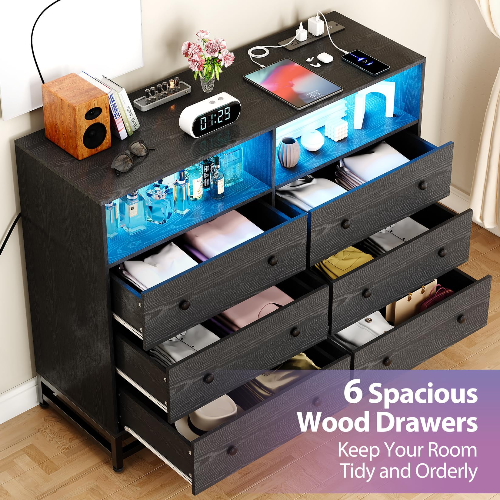 Homhougo Dresser for Bedroom 6 Drawer Black with LED Light and Power Outlet, Wooden Dressers and Chests of Drawers, Dresser Organizer for Bedroom, Living Room, Hallway, Nursery