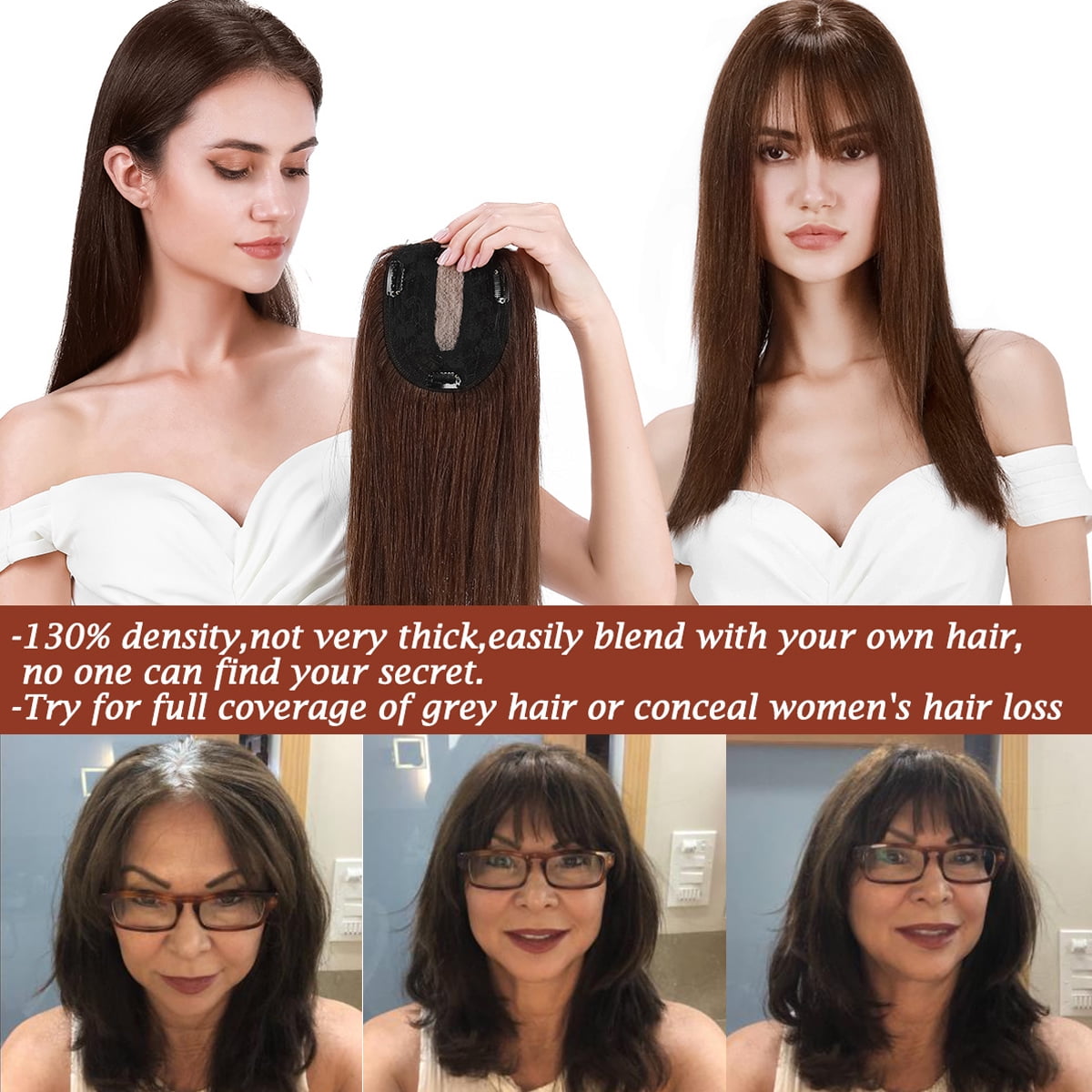 SEGO Clip in Hair Extensions Human Hair Toppers with Bangs 100% Real Human Hair Topper for Thinning/Loss Hair Natural Black Hair Pieces
