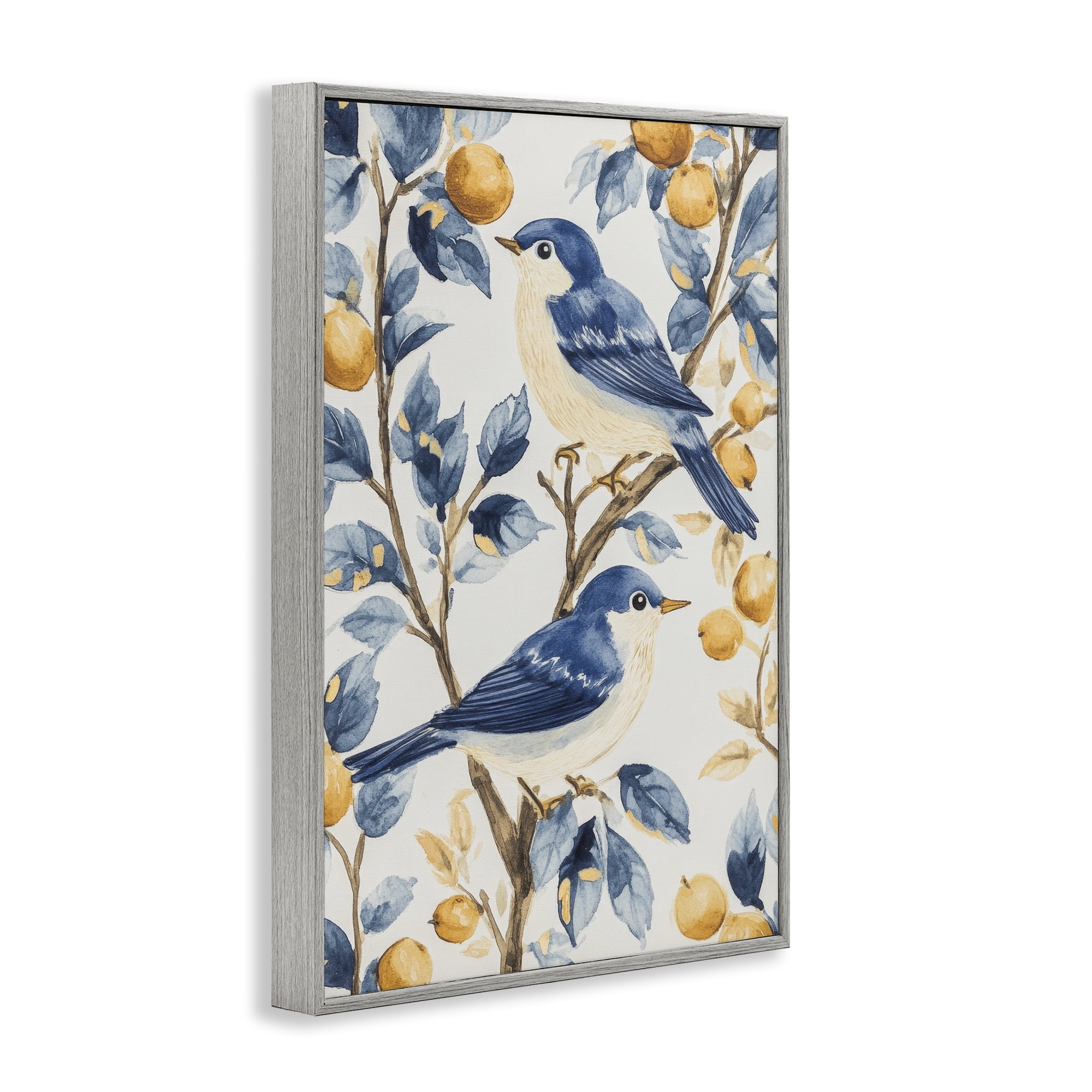 Stupell Industries Sweet Blue Birds on Lemon Branch Gray Framed Giclee Art, design by Petal Prints Design