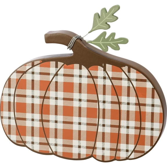 Primitives By Kathy 112965 Orange Plaid Pumpkin Chunky Sitter, 8.5-inch Length