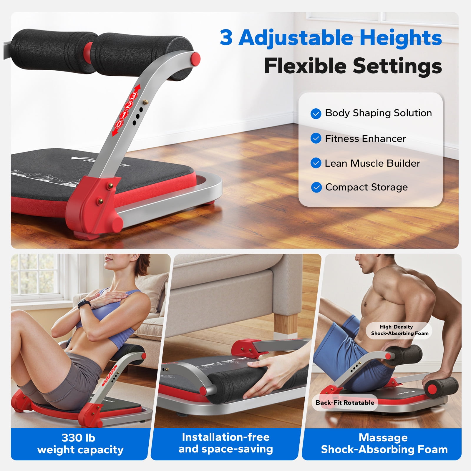 MERACH Ab Machine, Stomach Workout Equipment with 3 Resistance Levels and Auto-Rebound Feature, Sit-Up Equipment Supporting Up to 330 LBS