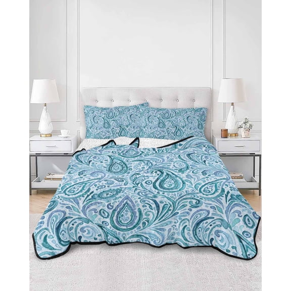 Quilts Twin XL Size, Light Blue Teal Soft Comforter Bedding Set for Bed, Retro Botanical Abstract Art Lightweight Quilted Bedspread with Pillow Cover(2 Pieces) for All Season, 68x98 Inch