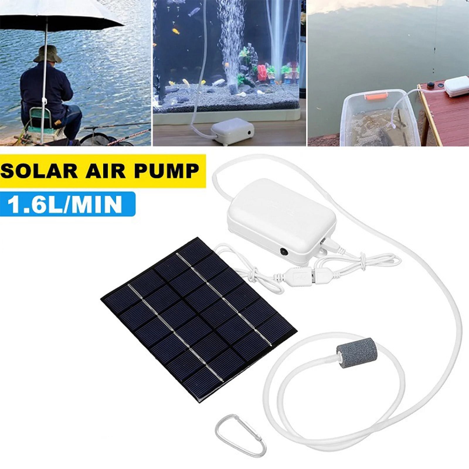 Solar Rechargeable Aquarium Oxygen Pump, 2W Monocrystalline Silicon Panel, 2000mAh Battery, Dual Air Outlet, Portable Lightweight, Outdoor Fishing Fish Pond Greenhouse Aerator