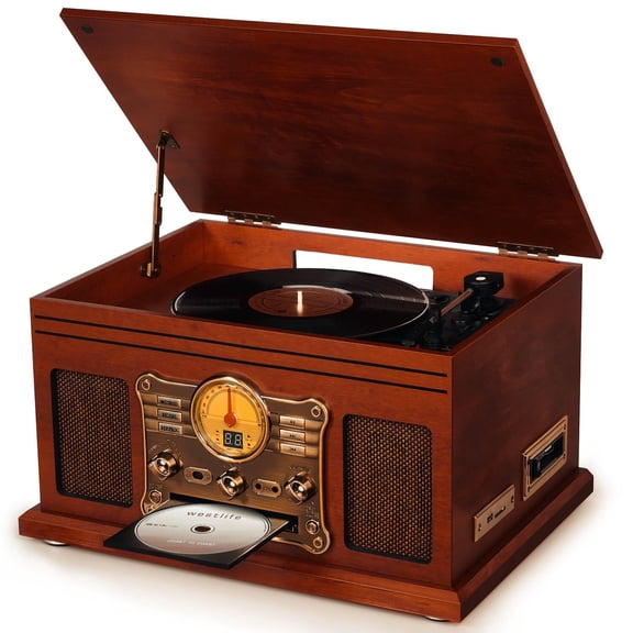 Reproductor de grabación Bluetooth 10 en 1, tocadiscos de 3 velocidades para vinilo con altavoces, convertidor LP a MP3, CD, reproductor de cassette, radio FM, transmisión inalámbrica | caoba