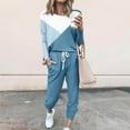 thumbnail image 2 of Yeaiivve Womens Two Piece Outfits Color Block Casual Sweatsuits Jogging Matching Suits Crewneck Long Sleeve Pullover and Drawstring Sweatpants Set Blue XXXL, 2 of 5