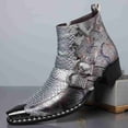 thumbnail image 2 of Men's Python Print Double Buckle Chelsea Boots - Vintage Pointed Toe Ankle Boots with Side Zipper, Comfortable Low Heel, 2 of 6