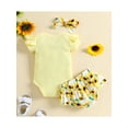 thumbnail image 3 of Franhais Baby Girl Romper Set Ribbed Letter Short Sleeves Crew Neck Bottom Snap Jumpsuit + Printed Ruffle Shorts + Bow Headband, 3 of 9