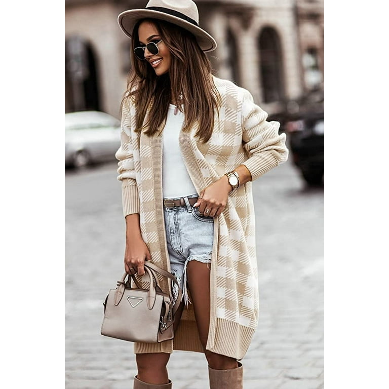 PIKADINGNIS Women Winter Knitted Long Cardigan Sweater Open Front Plaid Loose Soft Lightweight Warm Sweater