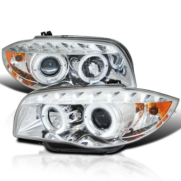 Spec-D Tuning LED Dual Halo Chrome Projector Headlights Compatible with 2008-2013 BMW E81 E82 E88, Left   Right Pair Headlamps Assembly