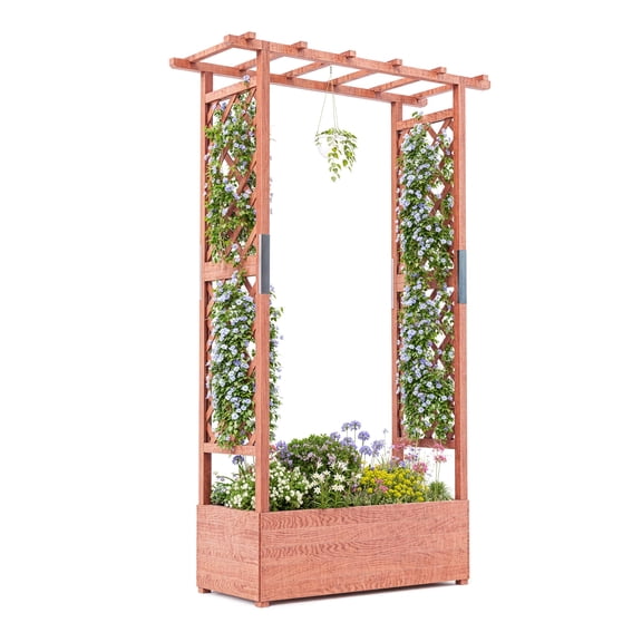 Goldensoil Wooden Garden Bed with Trellis - 43"x17"x72" Planter Box with Side Supports, Canopy