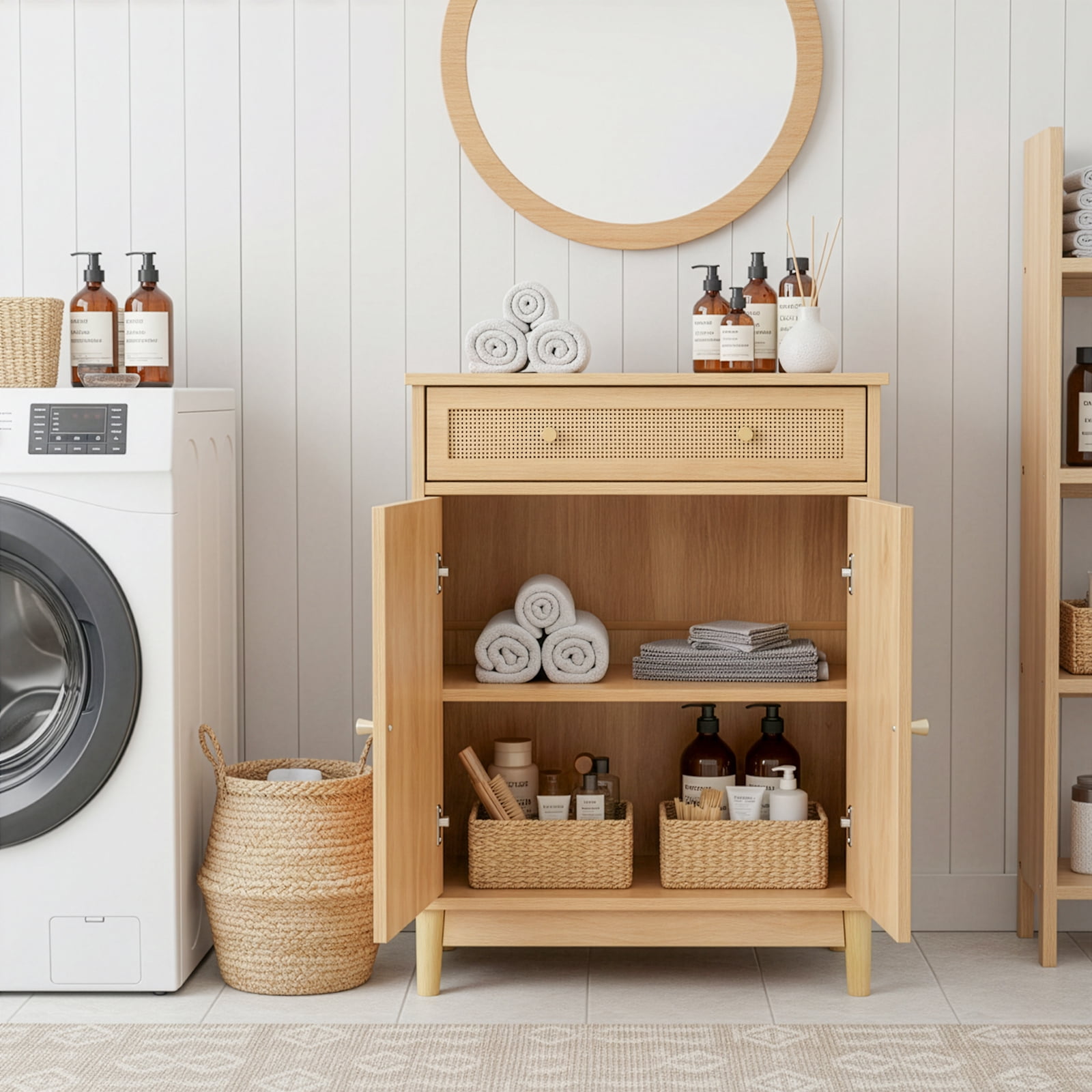 Ktaxon Bathroom Floor Cabinet, Freestanding Storage Cupboard w/ Drawer and 2 Doors, Rattan