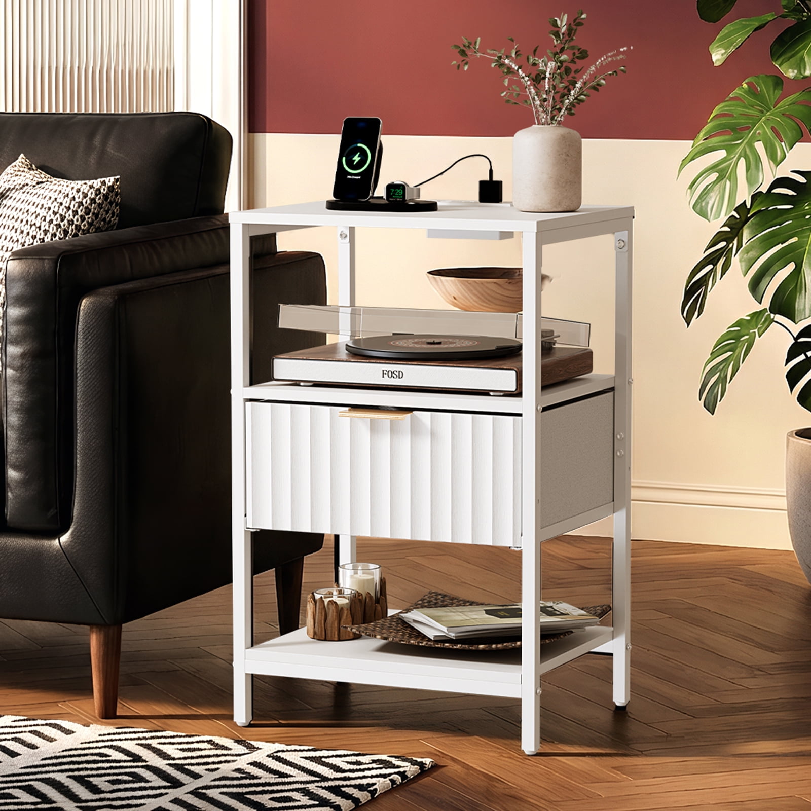 Ktaxon Fluted Nightstand with Charging Station End Table with Drawers Bedside Table Furniture for Bedroom, Living Room, White