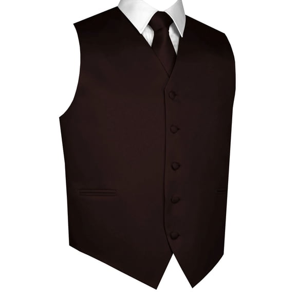 BEST TUXEDO Men's Formal, Prom, Wedding, Homecoming, Tuxedo Vest, Tie & Hankie Set in Chocolate Solid Satin - L