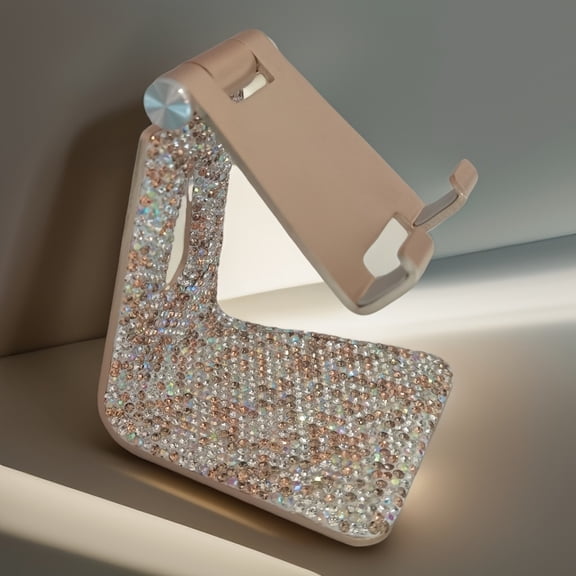Champagne‌,High End Diamond Studded Phone Holder, Sparkling Rhinestone Phone Stand, Foldable Design, Premium Tablet Stand, Durable Aluminum Alloy Desk Mount, Luxury Metal, Perfect Gift For Women