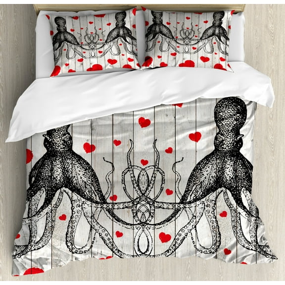 Octopus Duvet Cover Set Queen Size, Hand Drawn Sea Life Fauna with Hearts on Wooden Print Background, Decorative 3 Piece Bedding Set with 2 Pillow Shams, Vermilion Cream and Black, by Ambesonne