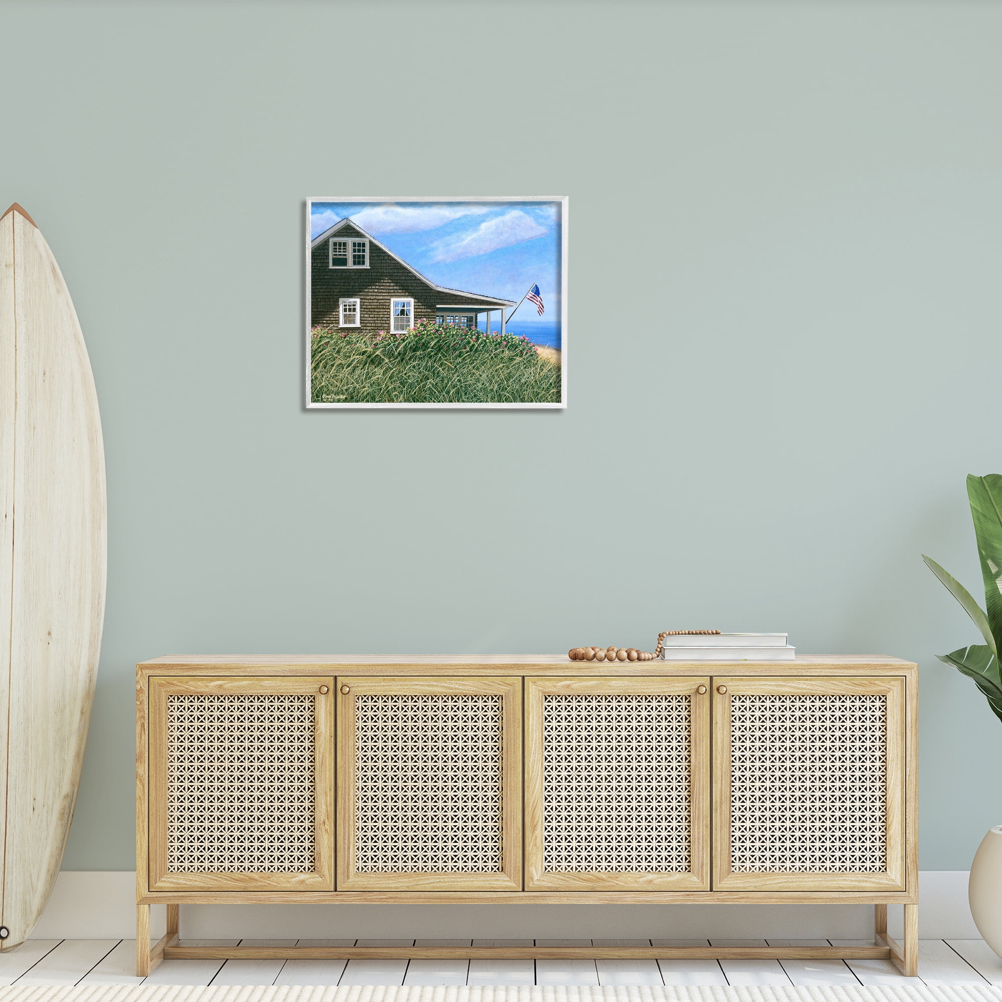 Stupell Industries Cape House with Flag Landscape Painting White Framed Art Print Wall Art, 30 x 24