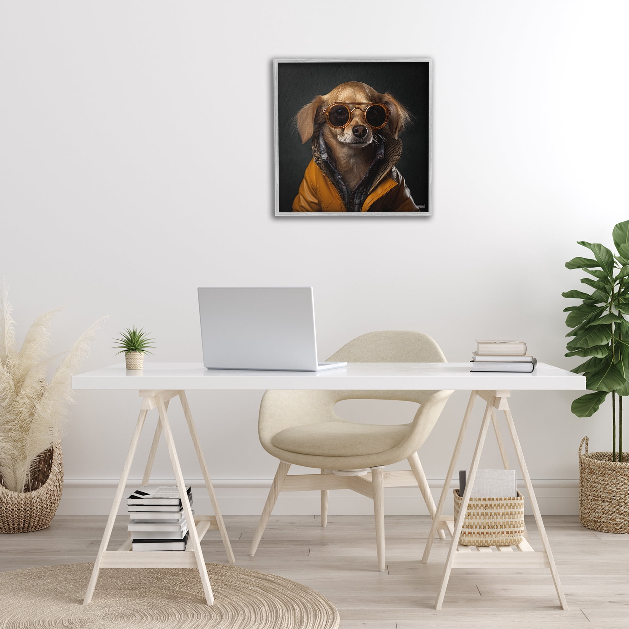 Stupell Industries Stylish Dog on Black Animals & Insects Painting Gray Framed Art Print Wall Art, 24 x 24