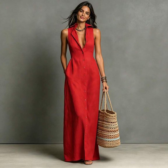 Red Sleeveless Collared Shirt Dress With Front Buttons And Deep V-Neck For Beach Vacation