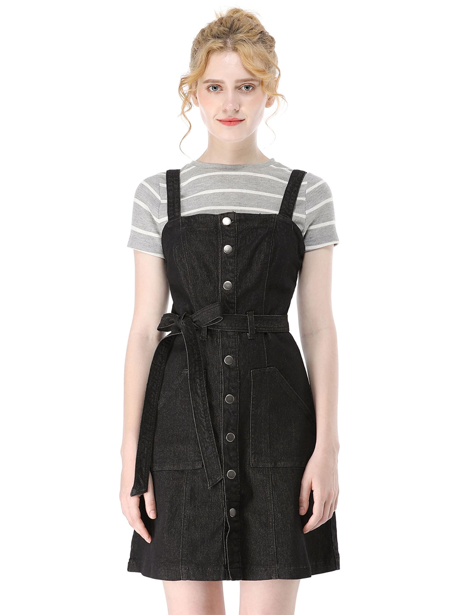Unique Bargains Junior's Adjustable Strap a-Line Overall Denim Dress