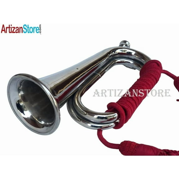 Boy Scout Nickel Plated Blowing Bugle Attack Command Signal Horn Beautiful Colourful Rope Binding