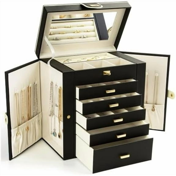 Jewelry Box for Women, 6-Layer Large Jewelry Organizer Box with Mirror & 5 Drawers for Rings, Earrings, Necklaces, Bracelets,Black