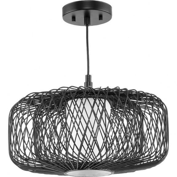Progress Lighting Cordova 1-Light Pendant, Black Rattan, White Linen Shade