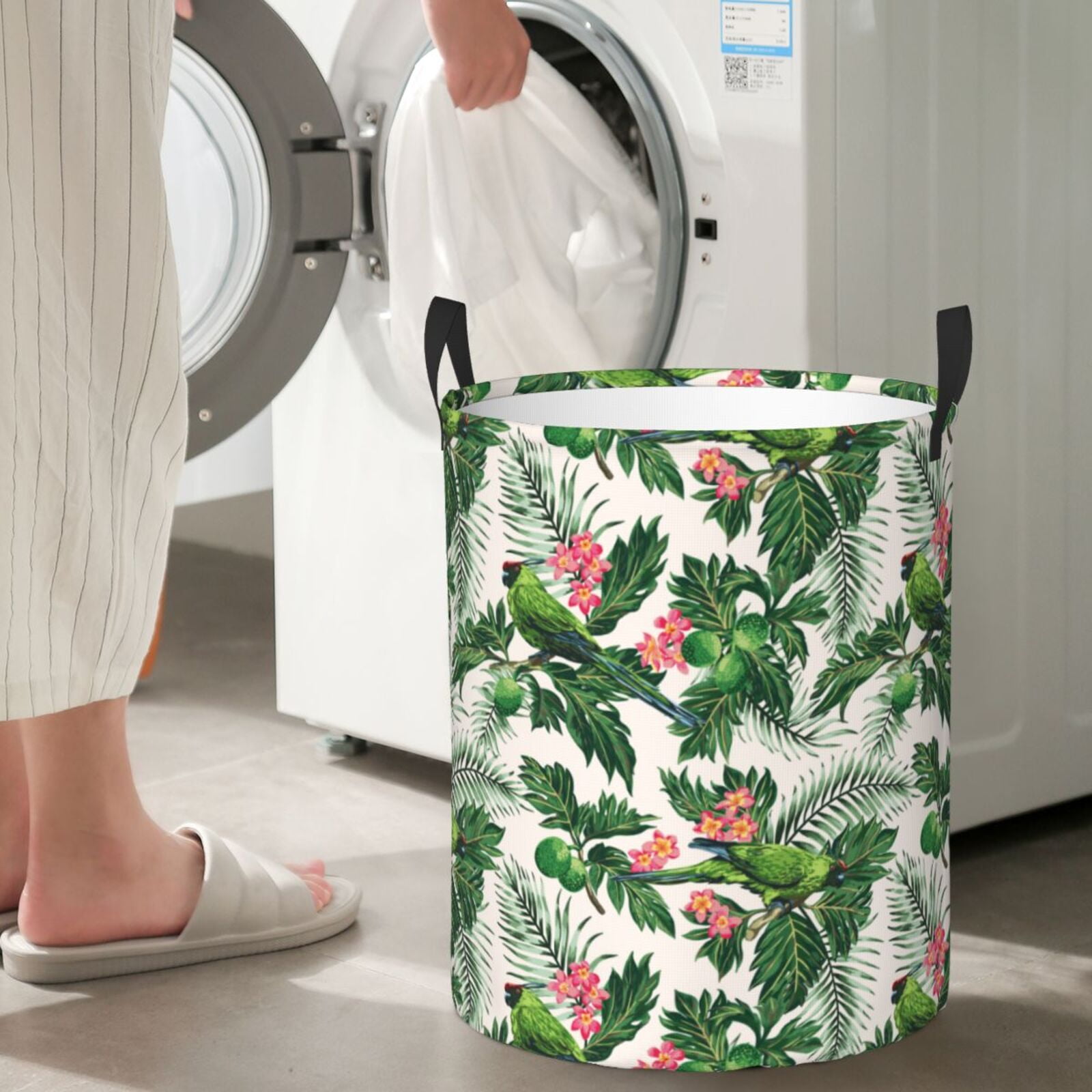 Large Laundry Basket with Handles - Cute Parrot Palm Leaf Green Kids Baby Dirty Clothes Laundry Hamper for Bedroom Aesthetic