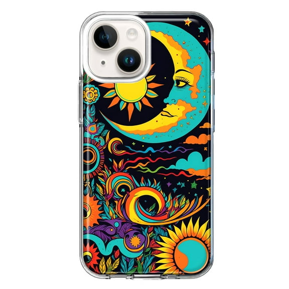 MUNDAZE Case for Apple iPhone 15 Plus Hybrid Shockproof Slim Hard Soft TPU Shell Heavy Duty Protective Phone Cover - Neon Rainbow Psychedelic Indie Hippie Indie Moon