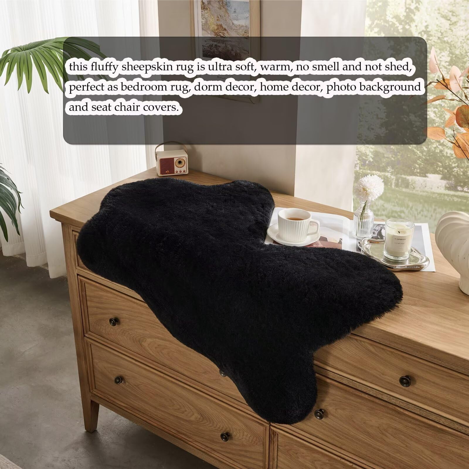 1700GSM Fuzzy Faux Sheepskin Fur Area Rug,Extra Soft Faux Fur Mat,Fluffy Shaggy Fur Rug for Bedroom Living Bedside Rug Room Decor-Black, 2 x 3 ft