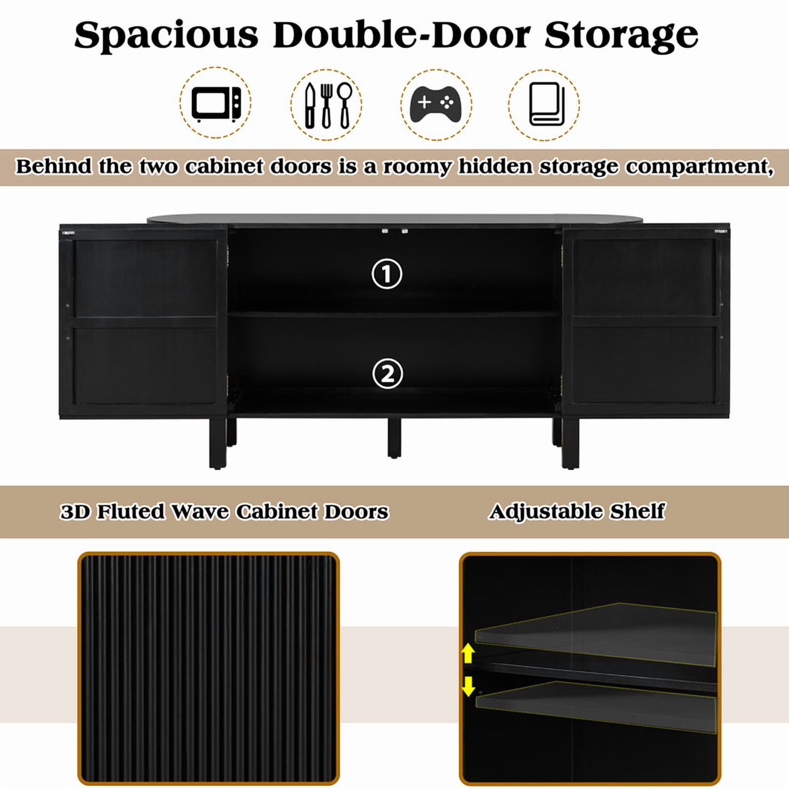 Accent Wavy Texture Buffet Table with Curved Extension Shelf, Mid-Century Modern Sideboard Storage Cabinet with Adjustable Shelf