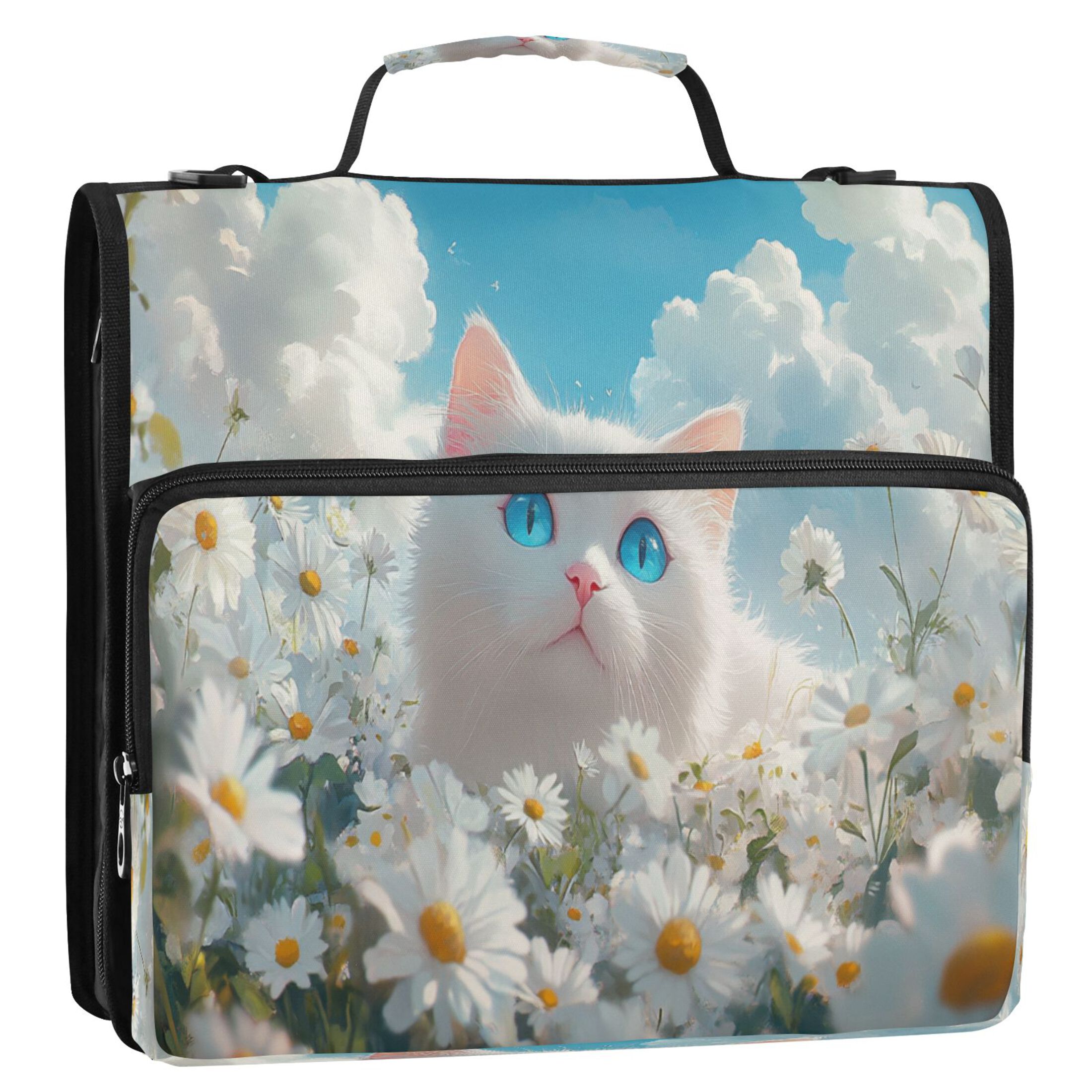 YAZAOO Zipper Binder trapper keeper Documents Organized Design White Cat in Daisies Field Printed
