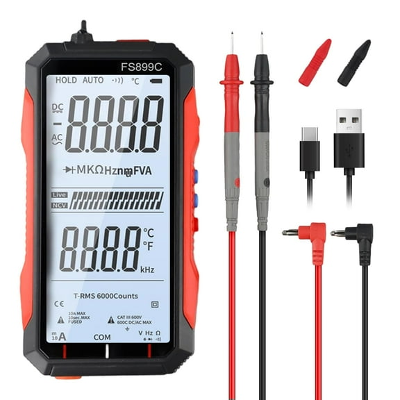 FS899C Digital Multimeter with LCD Screen, USB C Rechargeable Electrical Testing, 6000 Counts True RMS AC/DC Voltage Tester, NCV, Capacitance, Non Contact Voltage Detector for Car, Home