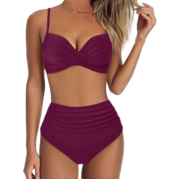 MKLEKYY Trajes De Baño Mujer Women High Waisted Bikini Sexy Push Up Two Piece Swimsuits Vintage Swimsuit Two Piece Retro Ruched High Waist Print Bikini Set 2779