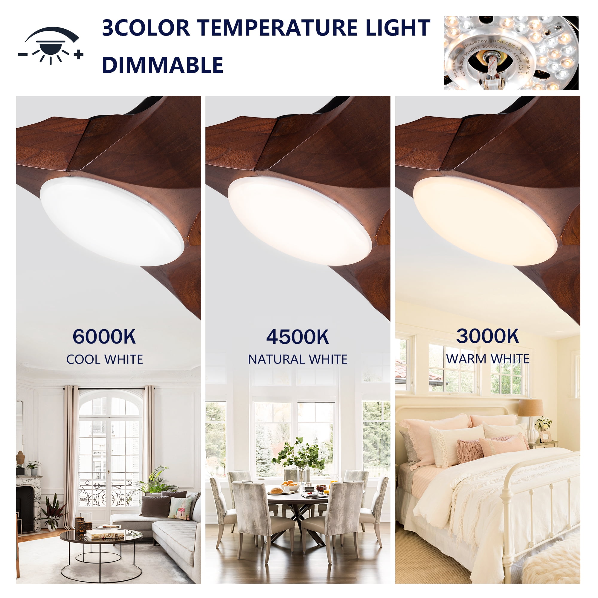 Ceiling Fan 52 Inch with 3 Solid Wood Blades and Light, Remote Control Ceiling Fan and LED Light Fixture with Reversible DC Motor for Bedroom, Black