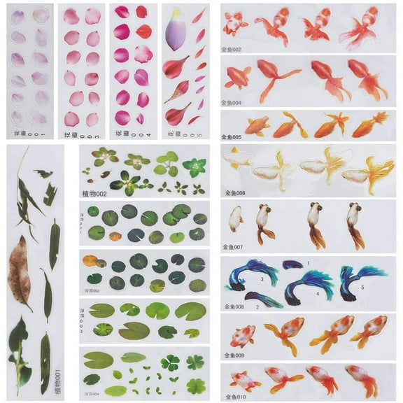 18 Sheets 3D Film Stickers Koi Pond Painting Stickers Resin Sticker Decorative Decals DIY Epoxy Resin Filling Material for Art Craft Colorful