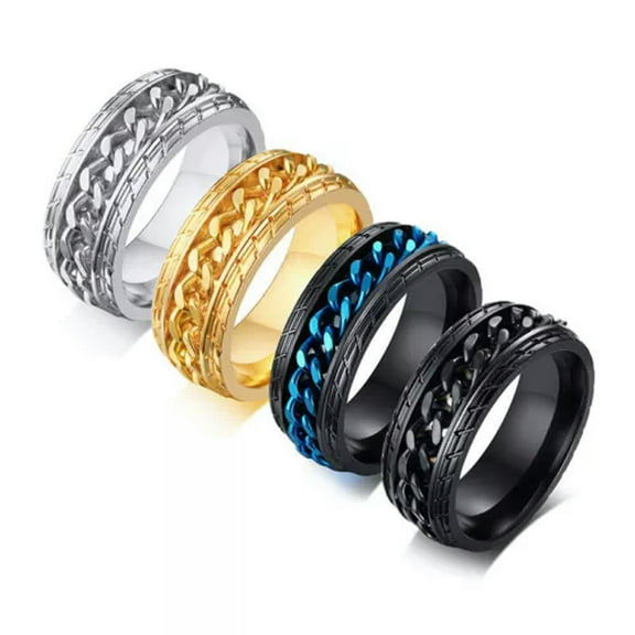 8mm Blue/Gold/Black/Silver Chain Bands Male Stainless Steel Spinner Ring Sz 7-12