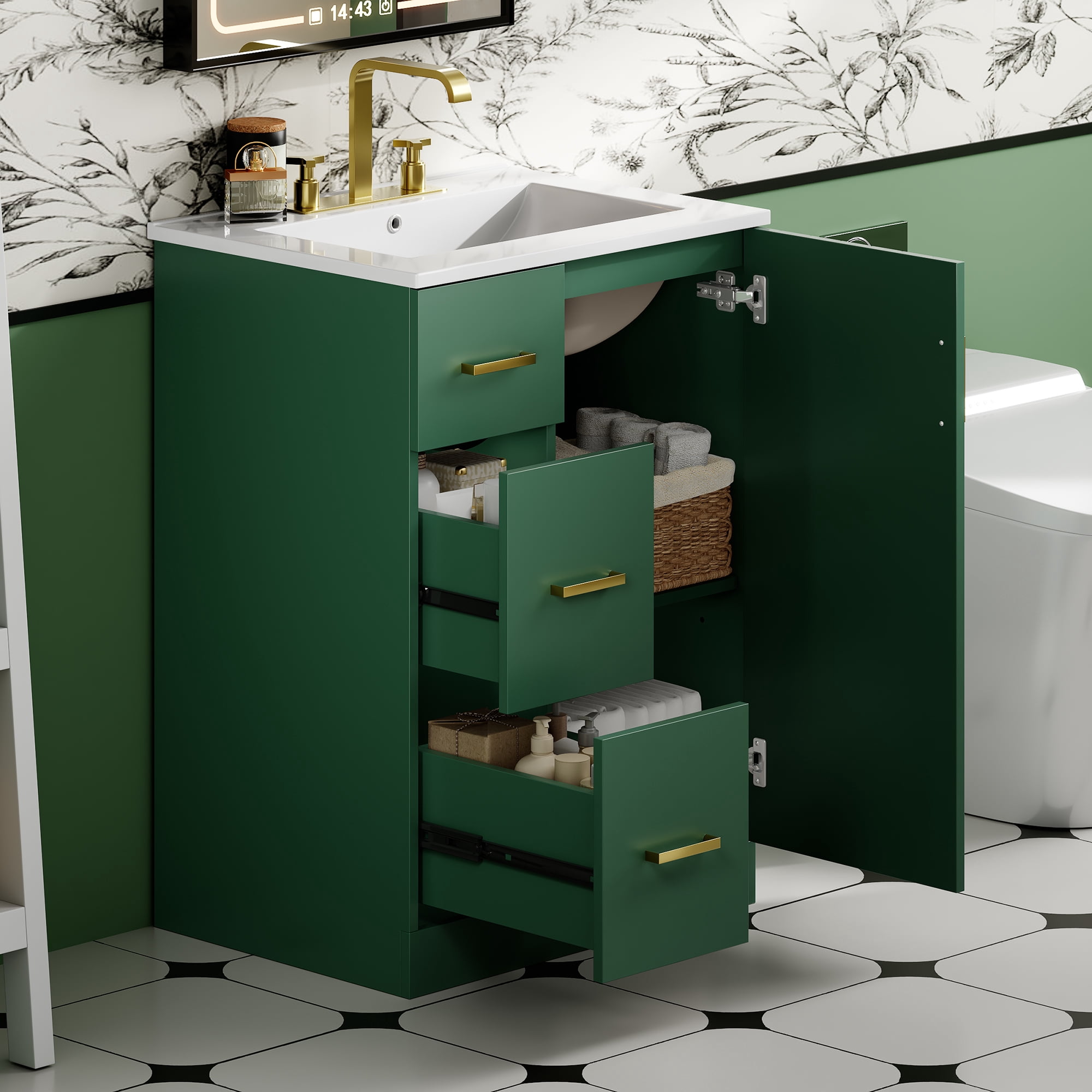 Euroco 24-Inch Bathroom Vanity with Vertical Fluted Design, Undermount Sink, Soft-Close Drawers & Door – Compact Storage Cabinet for Small Spaces