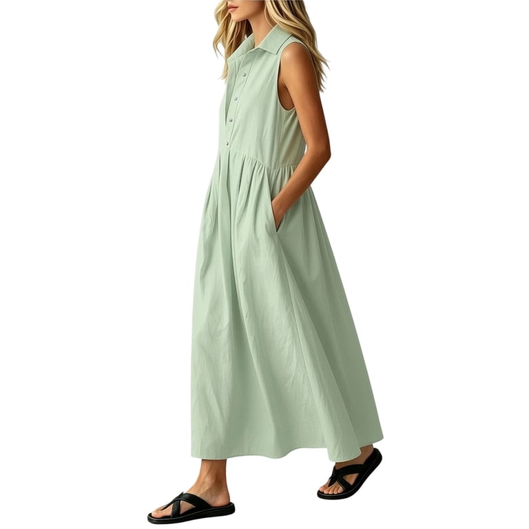 Hinvhai Women's Cotton Sleeveless Shirt Dress Collared Button Down Solid Color Casual Long Maxi Dress with Pockets Mint Green S(s), Size: Small
