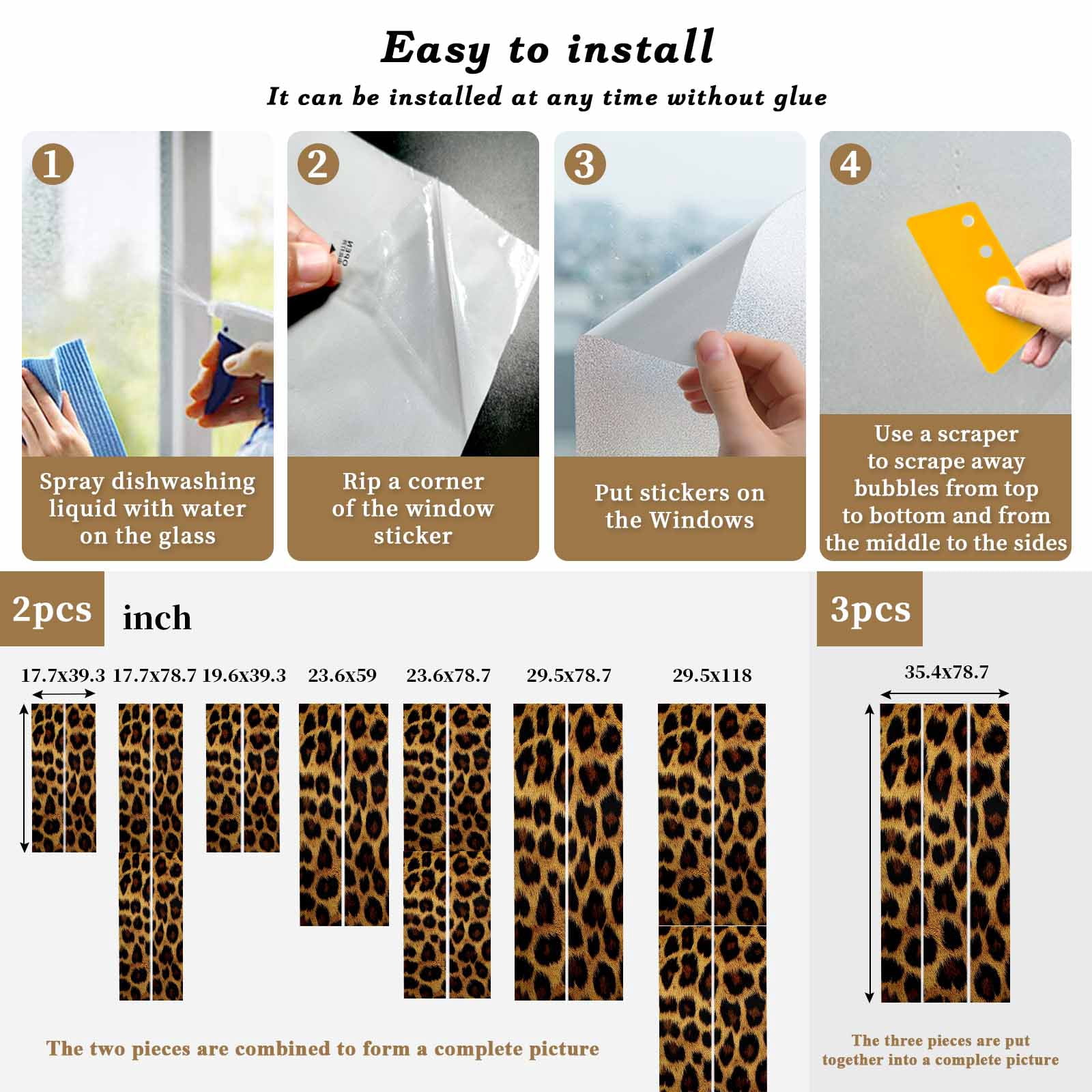 Leopard Window Privacy Film, Brown Vintage Leopard Print Static Cling UV Sun Blocking Heat Control Window Tint Day and Night, Non-Adhesive Reusable One Way Windows Privacy Cover 23.6''x59''