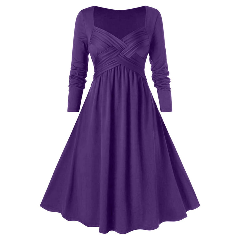 YWDJ Midi Long Sleeve Dress for Women Women Solid Color Dress For Women  Casual Long Sleeves Dresses V-neck Gothic Retro Dark Midi Dress Purple XL 