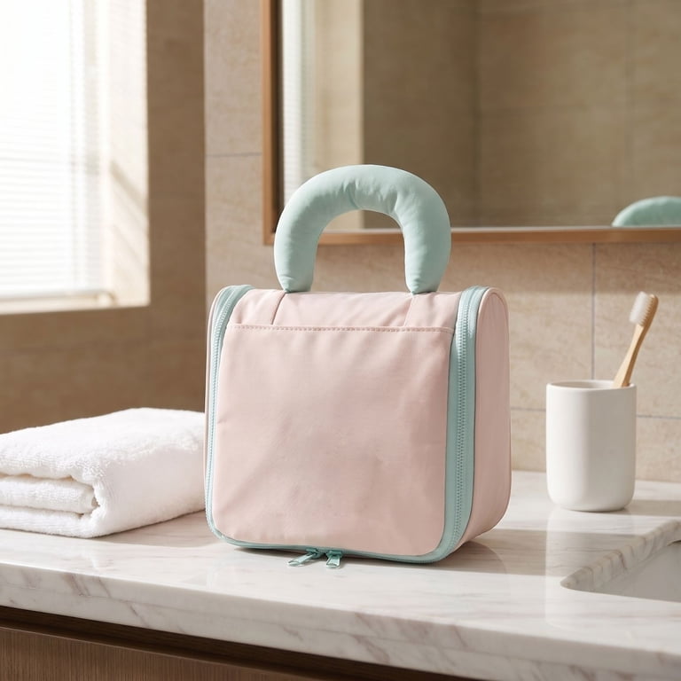 flat travel makeup bag Telena Leather Make Up Portable Bag Waterproof Cosmetic Bags for Women Large Capacity With Handle and Divider Open Lay while closing smoothly for convenient portability Numhew Travel Makeup Bag in