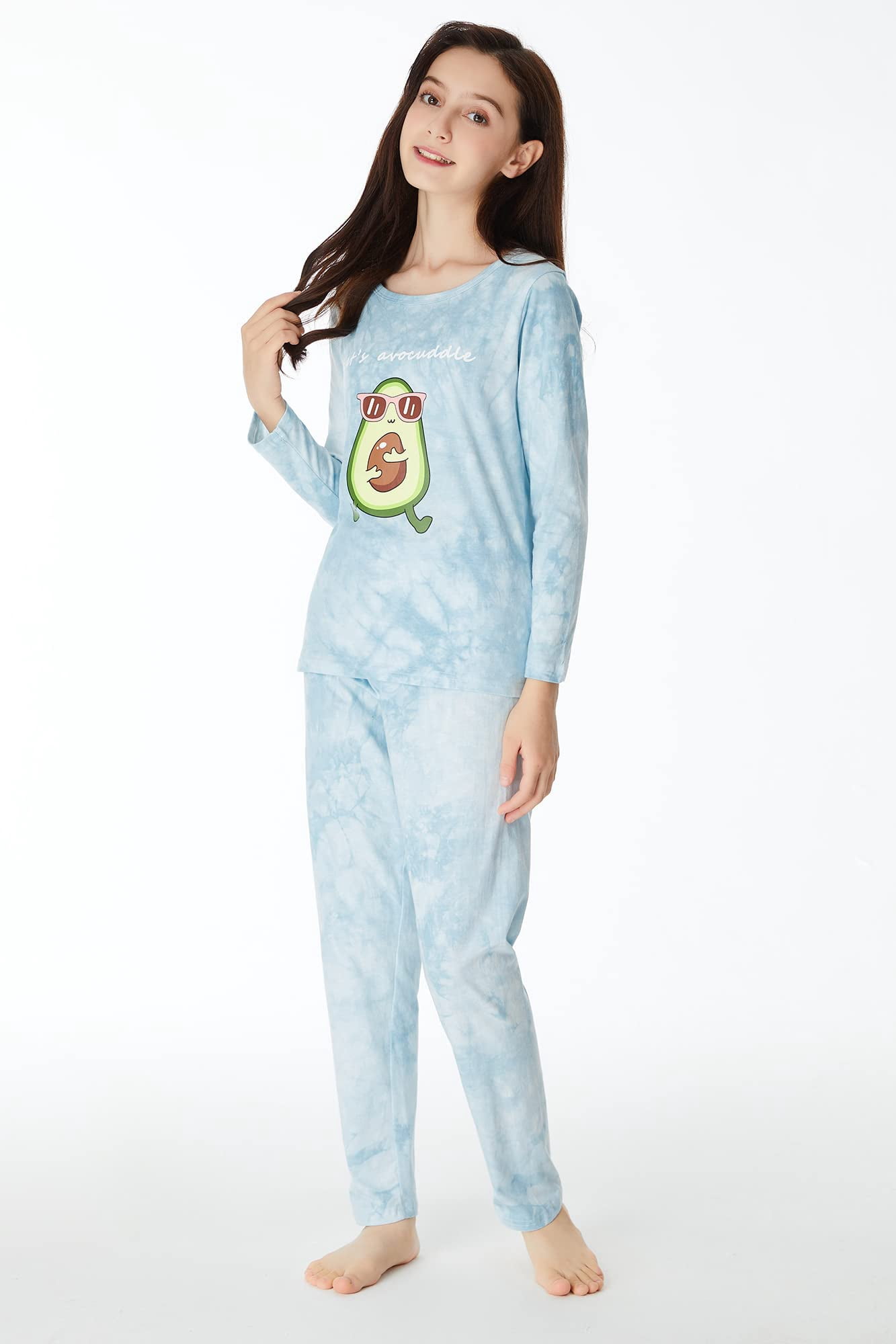 Beezizac Little & Big Girls 2-PCS Long Cotton Pajama Set Fall/Winter Avocado PJS Size 14