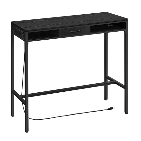 VASAGLE Computer Desk, Storage Office Desk with Power Outlets and Movable Non-Woven Fabric Drawer, Hooks, Long High Bar Table, 15.7 x 47.2 x 41.2 Inches, Ebony Black