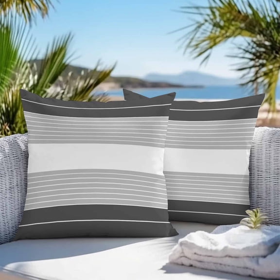 Waterproof Throw Pillow Covers 16x16 Set of 2, Abstract Gradient Lines Outdoor Pillowcases with Invisible Zipper, Modern Black Grey Stripes Decorative Cushion Covers for Patio Garden Sofa Couch