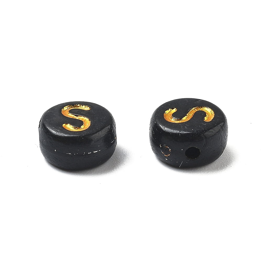 500g Plating Opaque Acrylic Beads Golden Metal Enlaced Flat Round with Letter Letter S 7x3.5mm Hole: 1.2mm about 3846pcs/500g