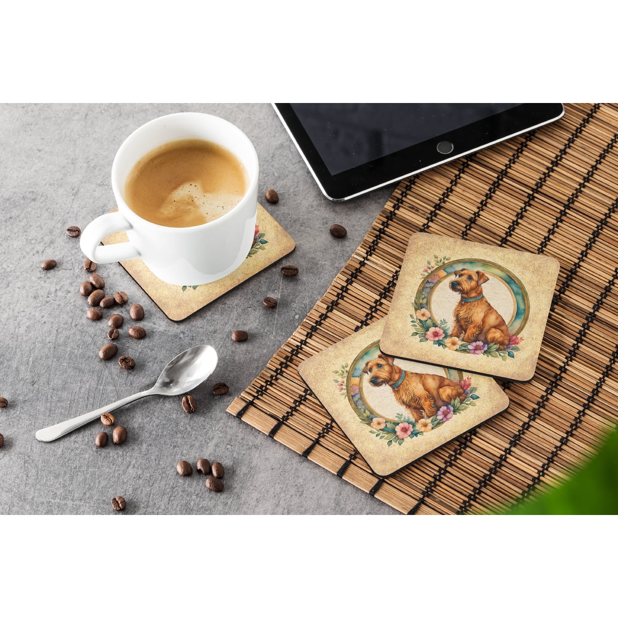 Irish Terrier and Flowers Foam Coaster Set of 4 3.5 in x 3.5 in