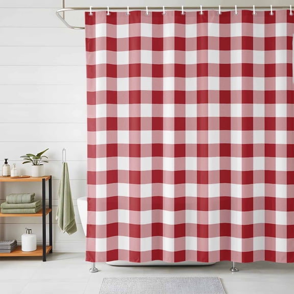 Shower Curtains for Bathroom, Farmhouse Red Plaid Waterproof Fabric Shower Curtain, Rustic Red White Checkered Decorative Bathroom Curtain for Bathtub, 72"x78", No Hooks Included